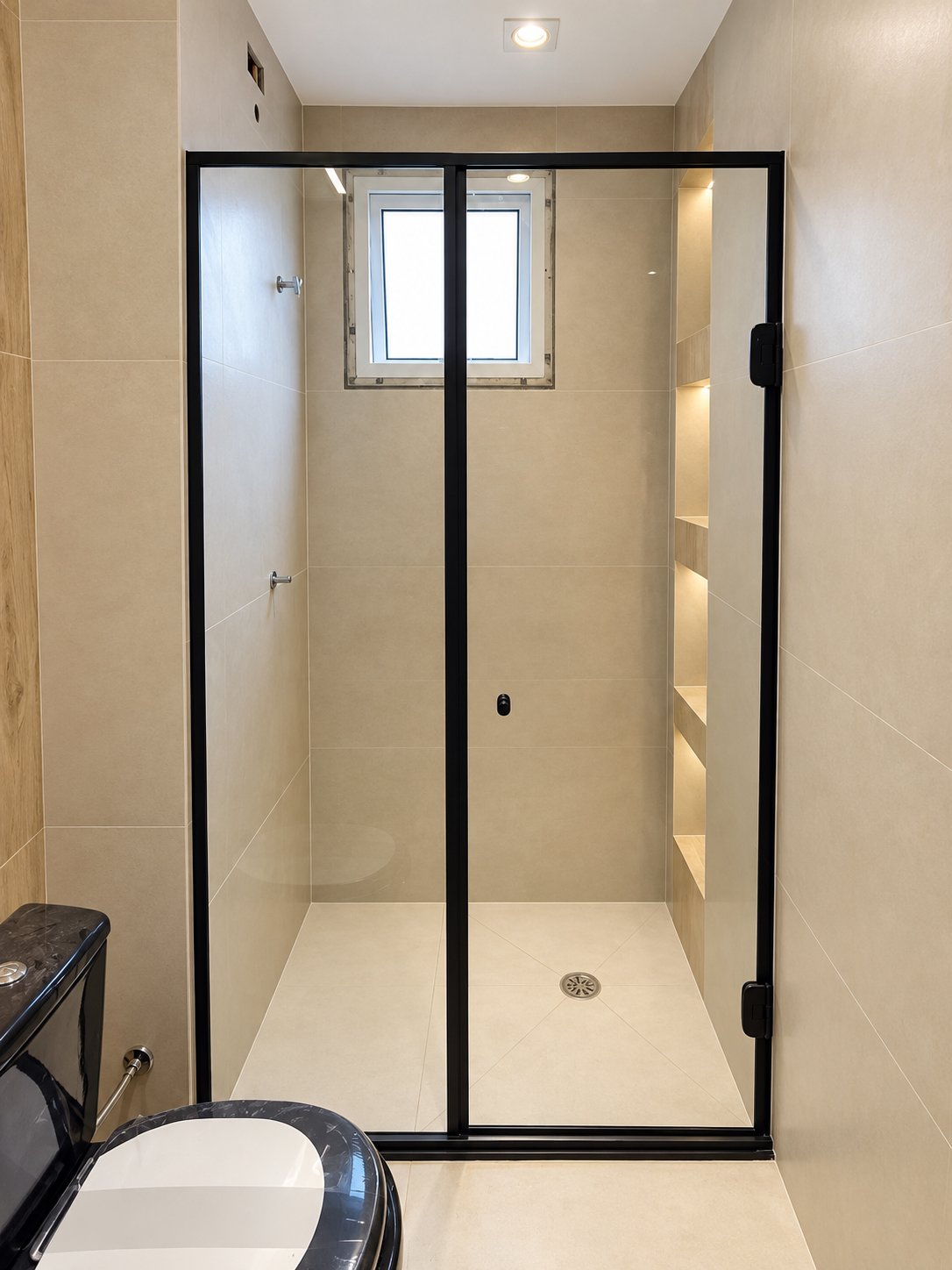 Box transparente com estrutura preta, revestimento bege e nichos laterais