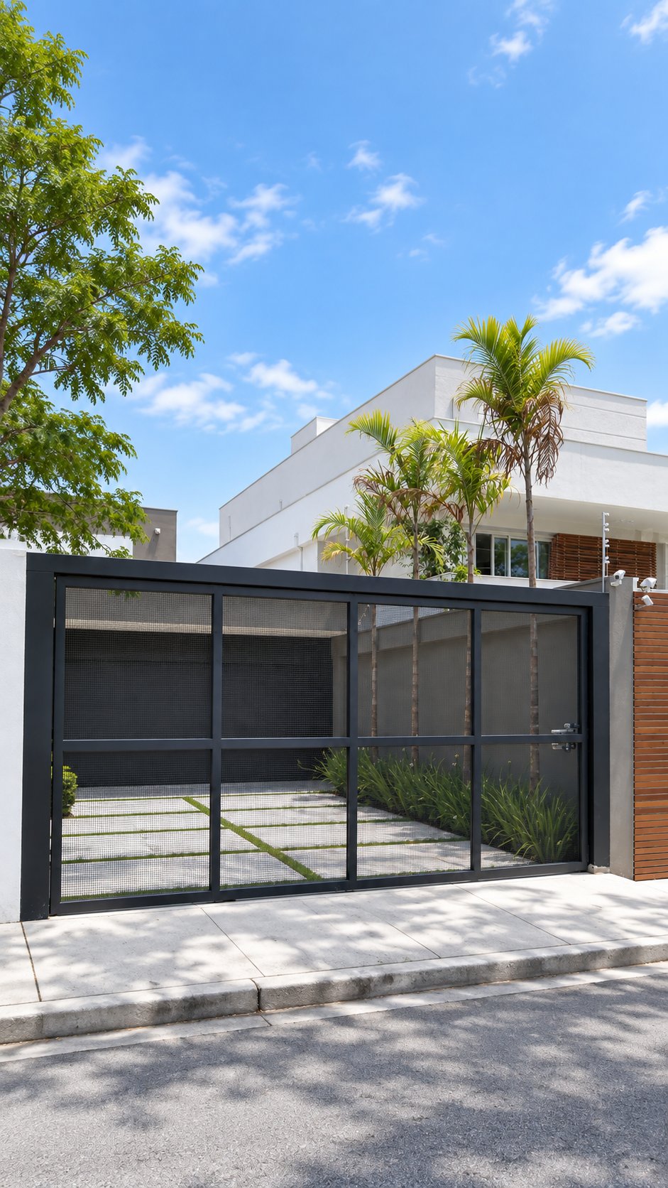 Portão residencial preto com estrutura metálica e fechamento em tela