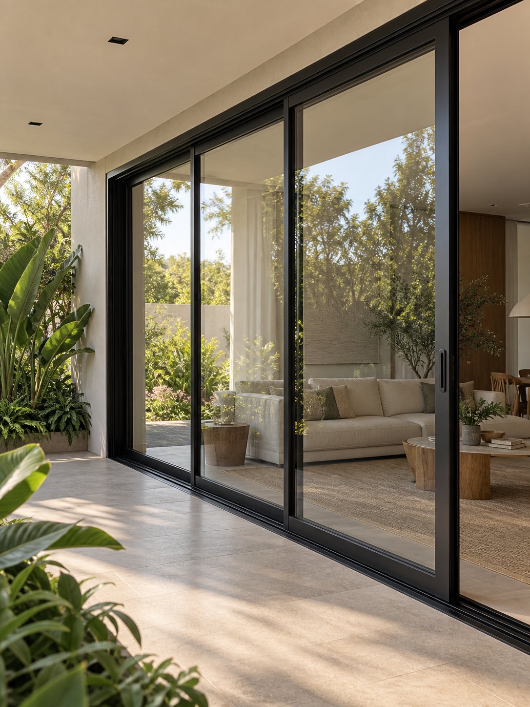 portas de correr com perfis pretos entre sala e jardim